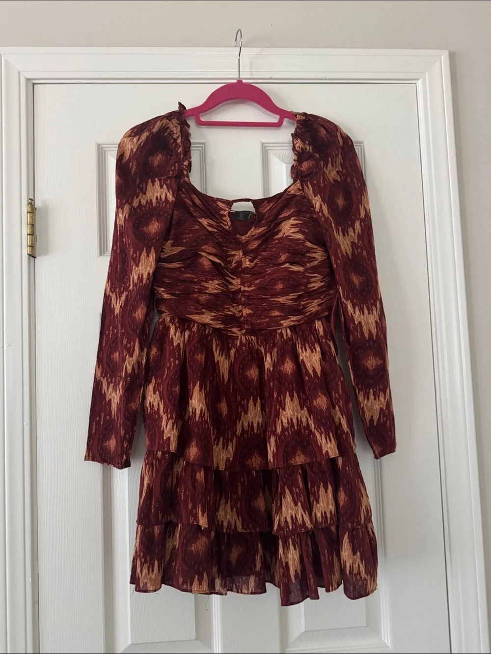 House Of Harlow 1960 Boho Metallic Ruffle Tiered Long Sleeve Mini Dress Small